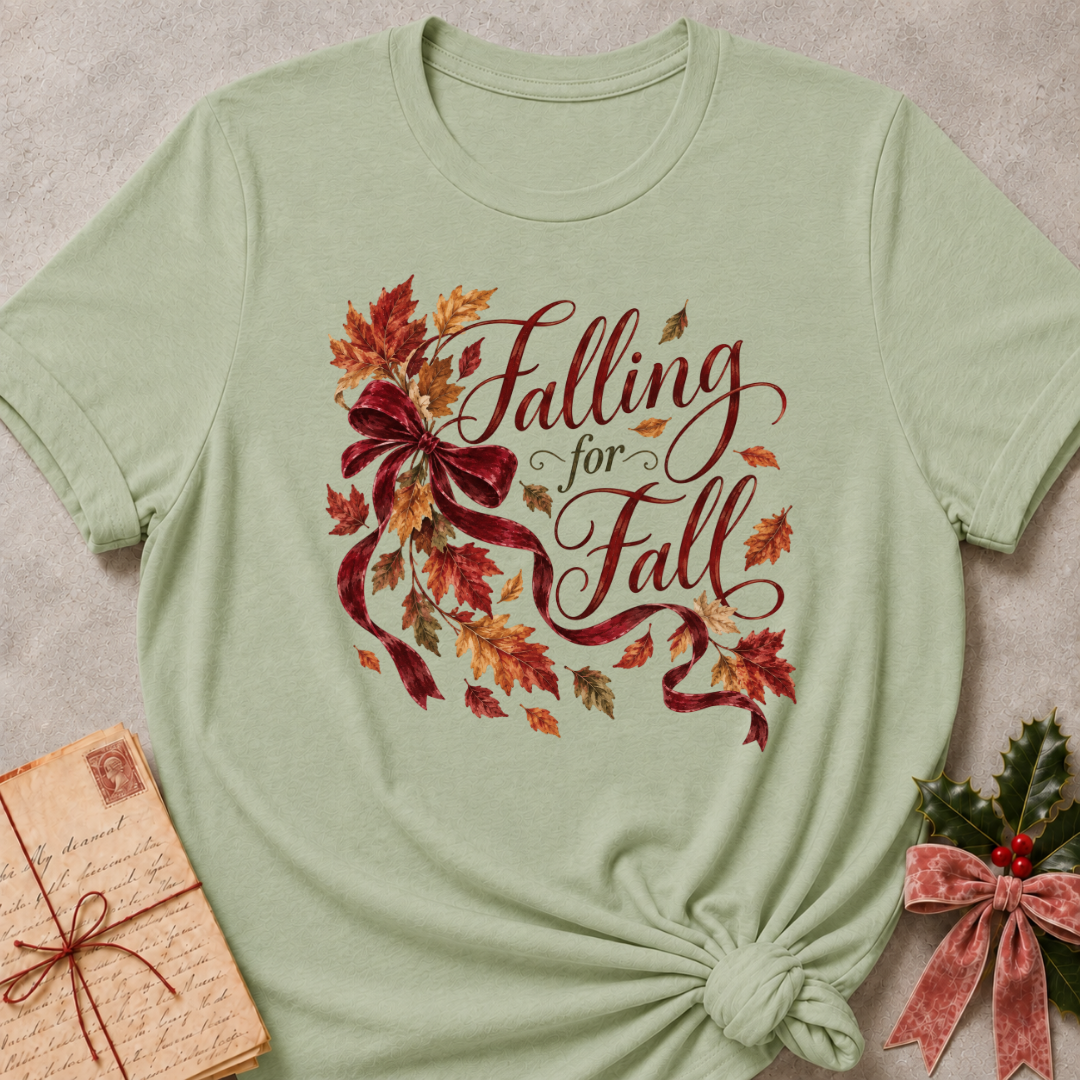 Sage relaxed fit tee with Falling for Fall script, a burgundy velvet bow and swirling autumn leaves