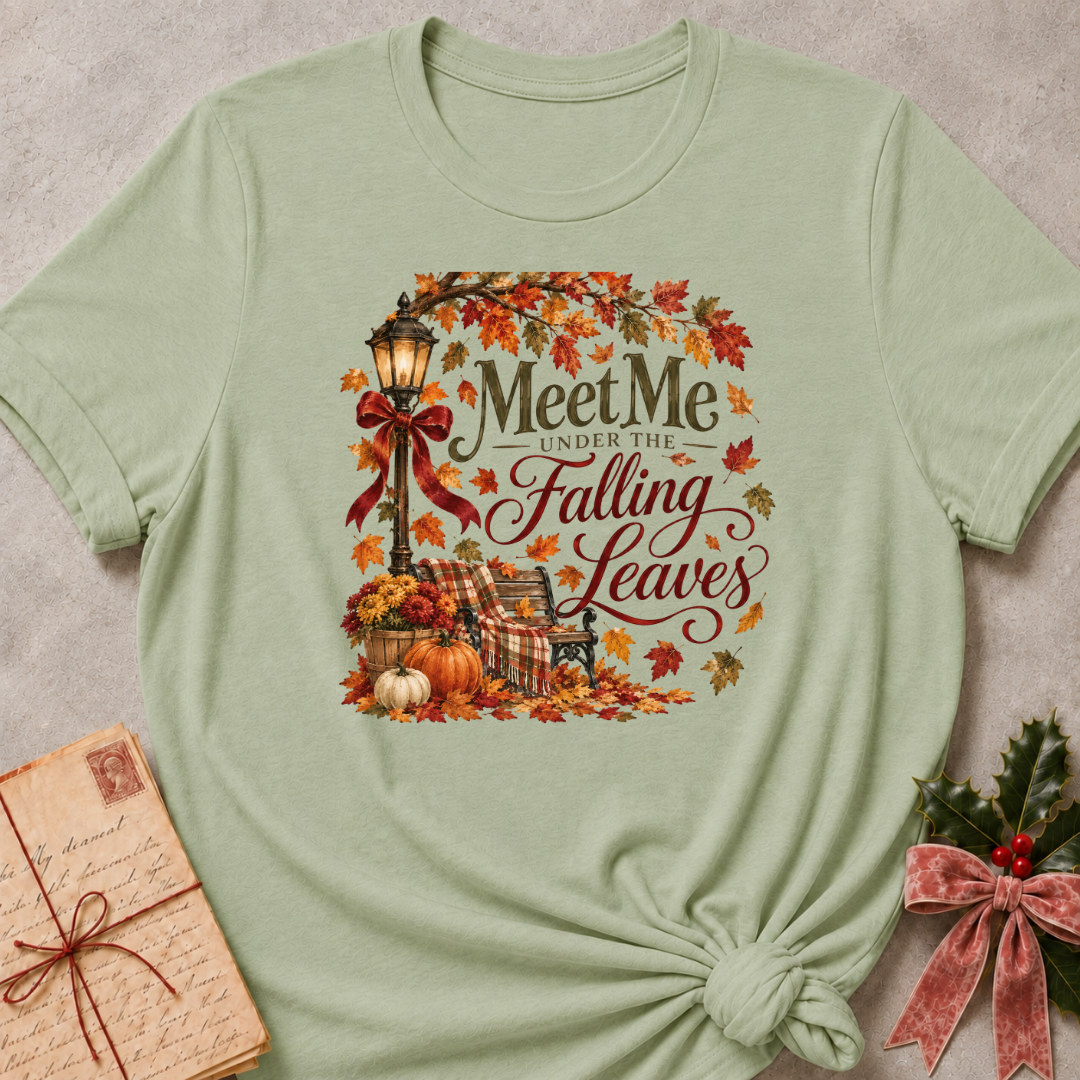 Sage relaxed fit tee with Meet Me Under the Falling Leaves lettering, a glowing lamppost, park bench, pumpkins and drifting maple leaves