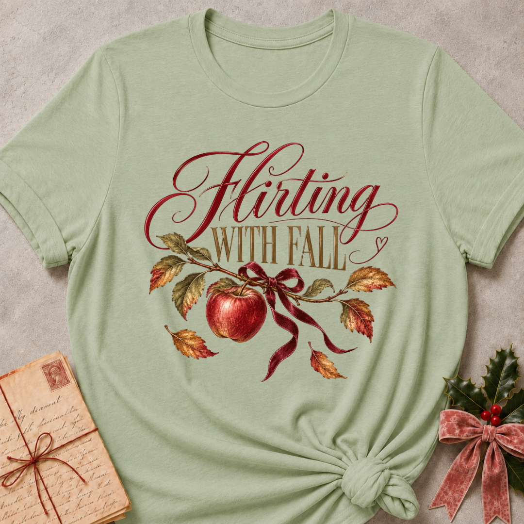 Sage women's relaxed tee with Flirting With Fall script above a red apple on a leafy branch tied with a burgundy ribbon