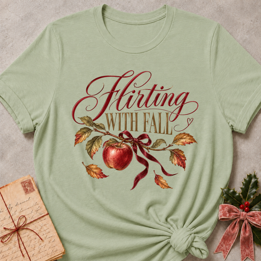 Sage women's relaxed tee with Flirting With Fall script above a red apple on a leafy branch tied with a burgundy ribbon