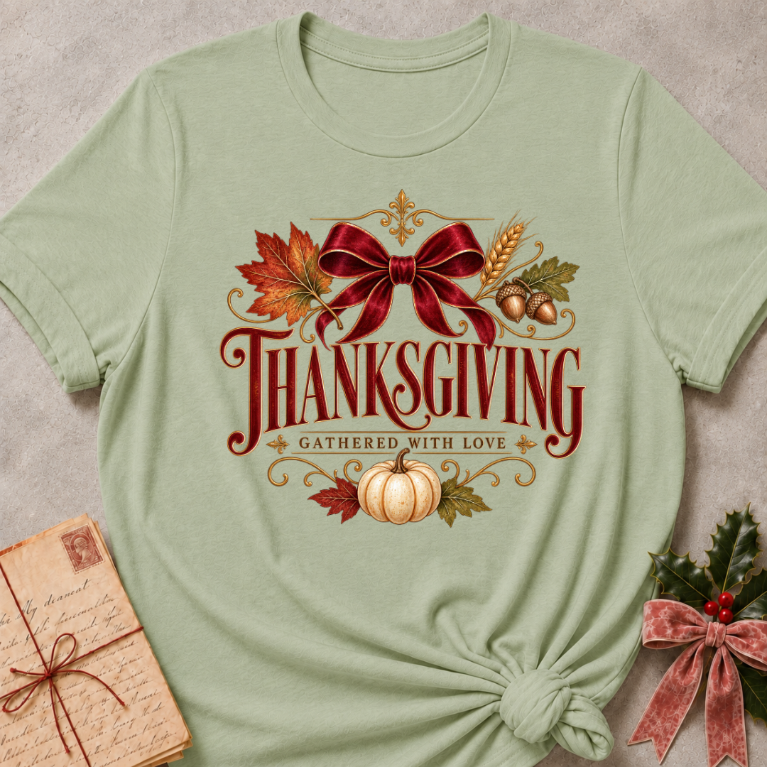Sage Thanksgiving Gathered With Love tee with a vintage red bow, autumn leaves and a white pumpkin