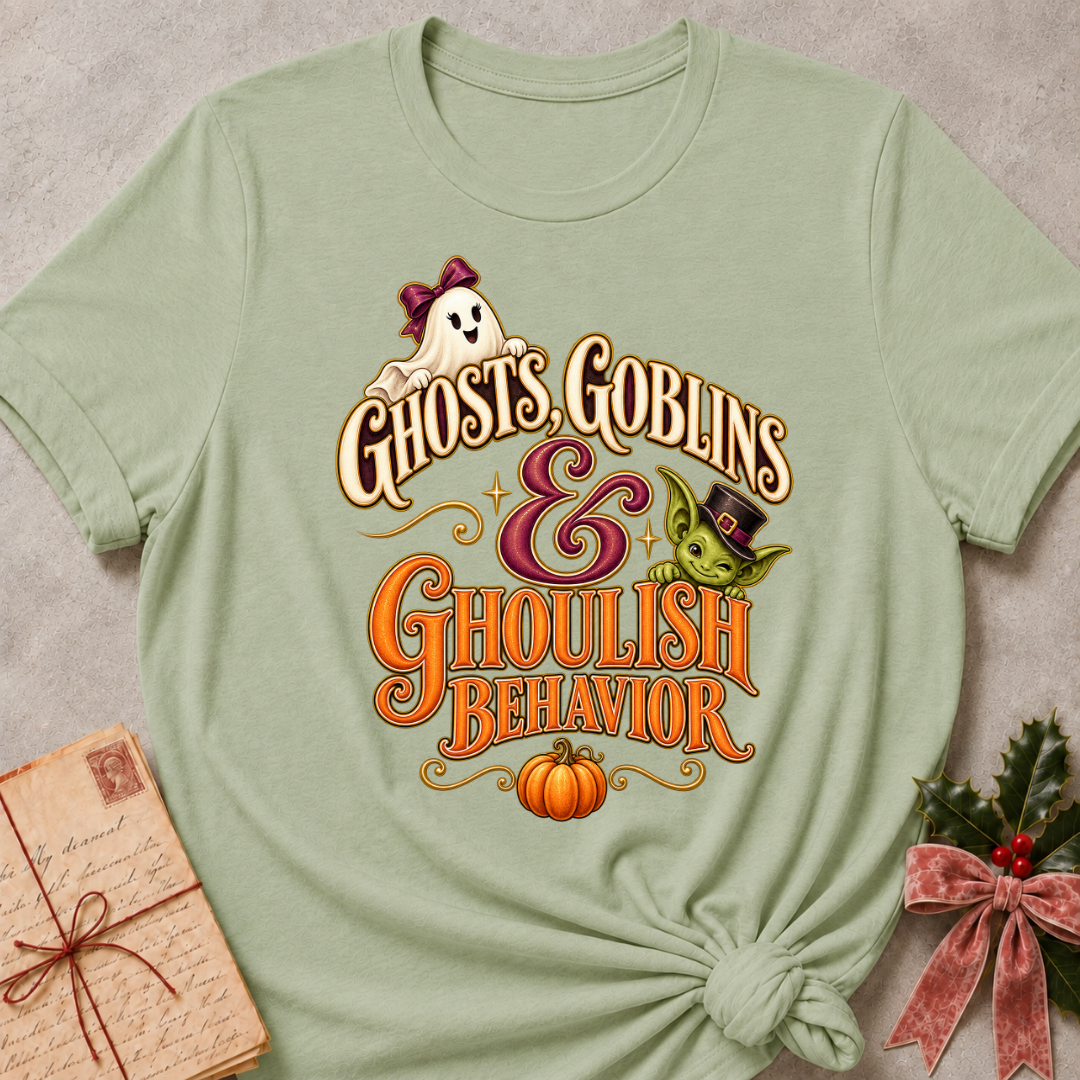 Sage Ghosts, Goblins and Ghoulish Behavior tee with a bow wearing ghost, a peeking goblin and a little pumpkin