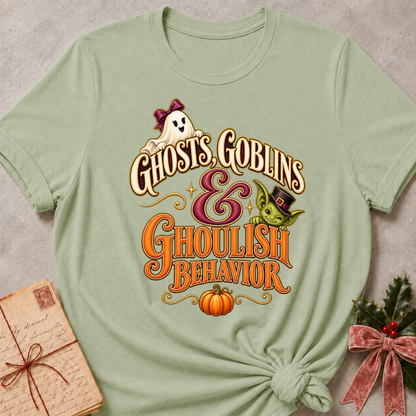 Sage Ghosts, Goblins and Ghoulish Behavior tee with a bow wearing ghost, a peeking goblin and a little pumpkin