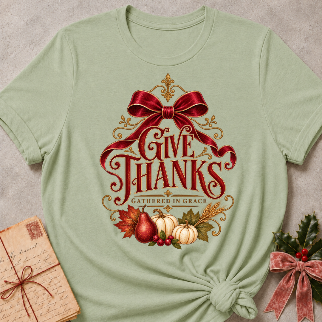 Sage Give Thanks tee with a satin red bow, pears, pumpkins and gold filigree harvest design
