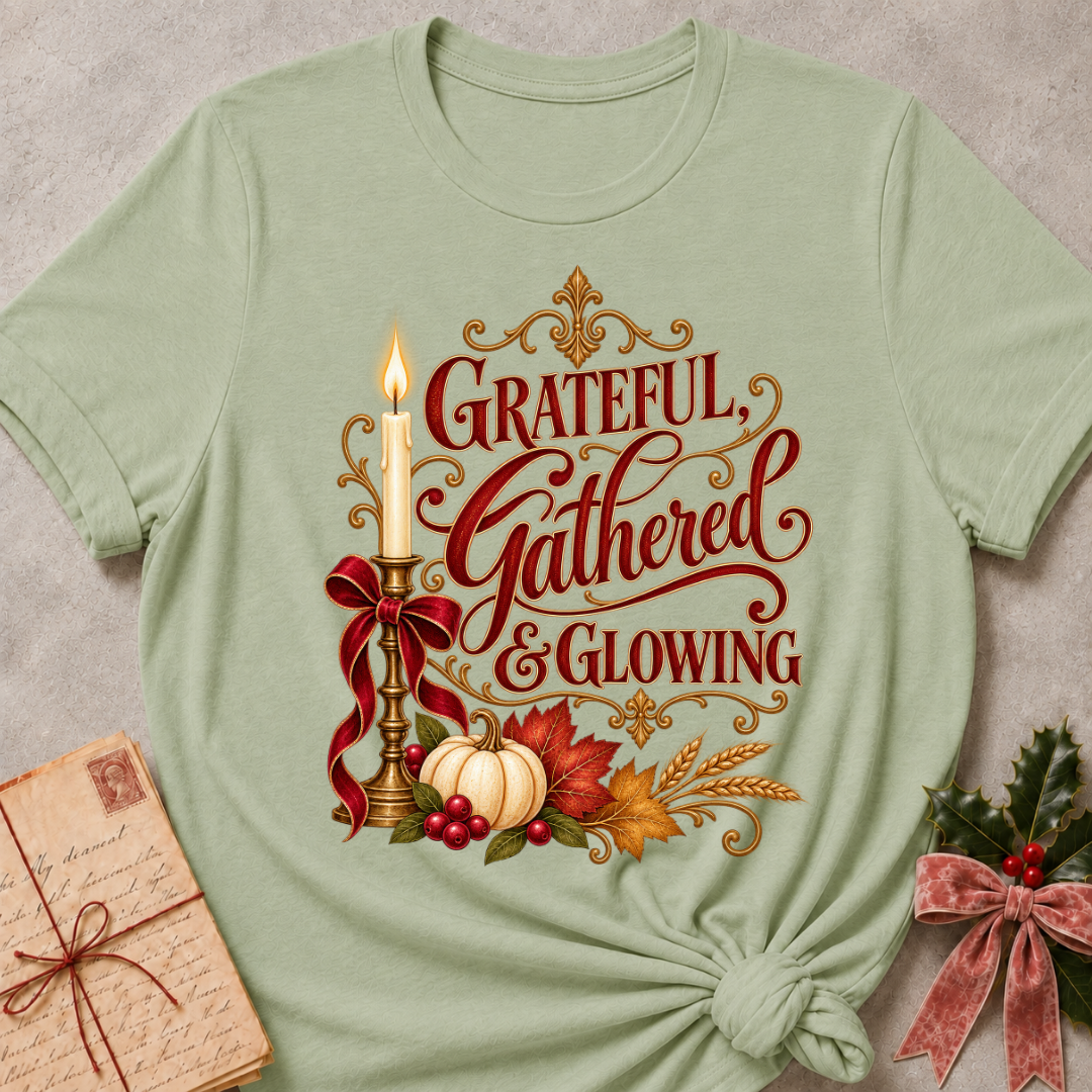 Sage Grateful, Gathered and Glowing tee with a candlelit bow, pumpkins and autumn leaves