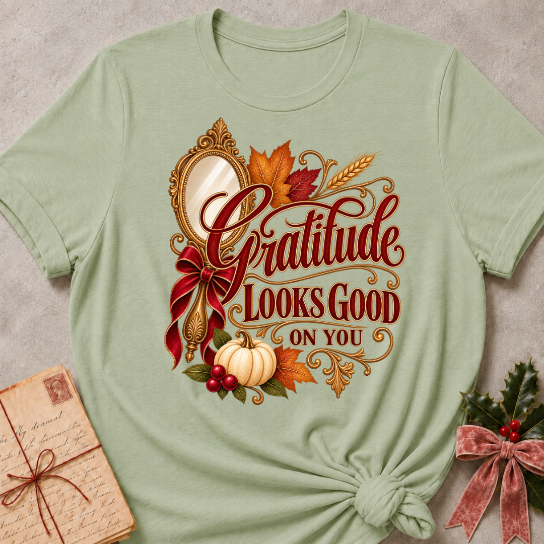Sage Gratitude Looks Good On You tee with a gilded vintage mirror, red bow and autumn harvest details