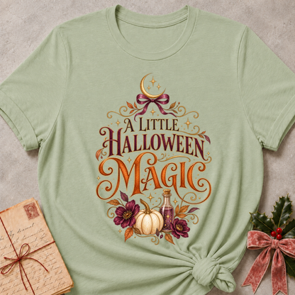 Sage A Little Halloween Magic tee with a velvet bow, crescent moon, white pumpkin and plum blooms