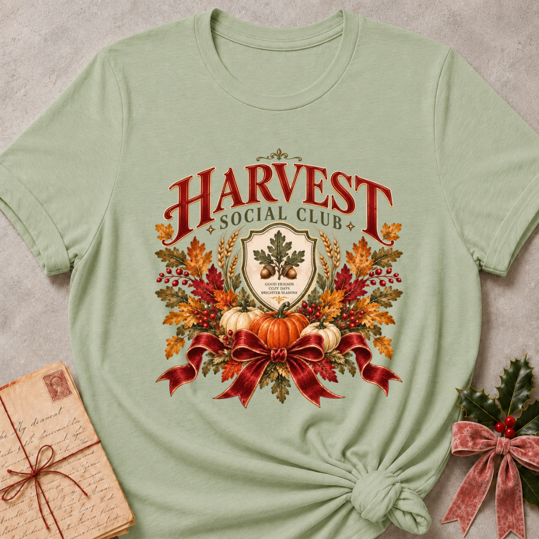 Sage women's relaxed tee with a vintage Harvest Social Club crest with an oak leaf shield, pumpkins, autumn leaves, and a plaid ribbon bow