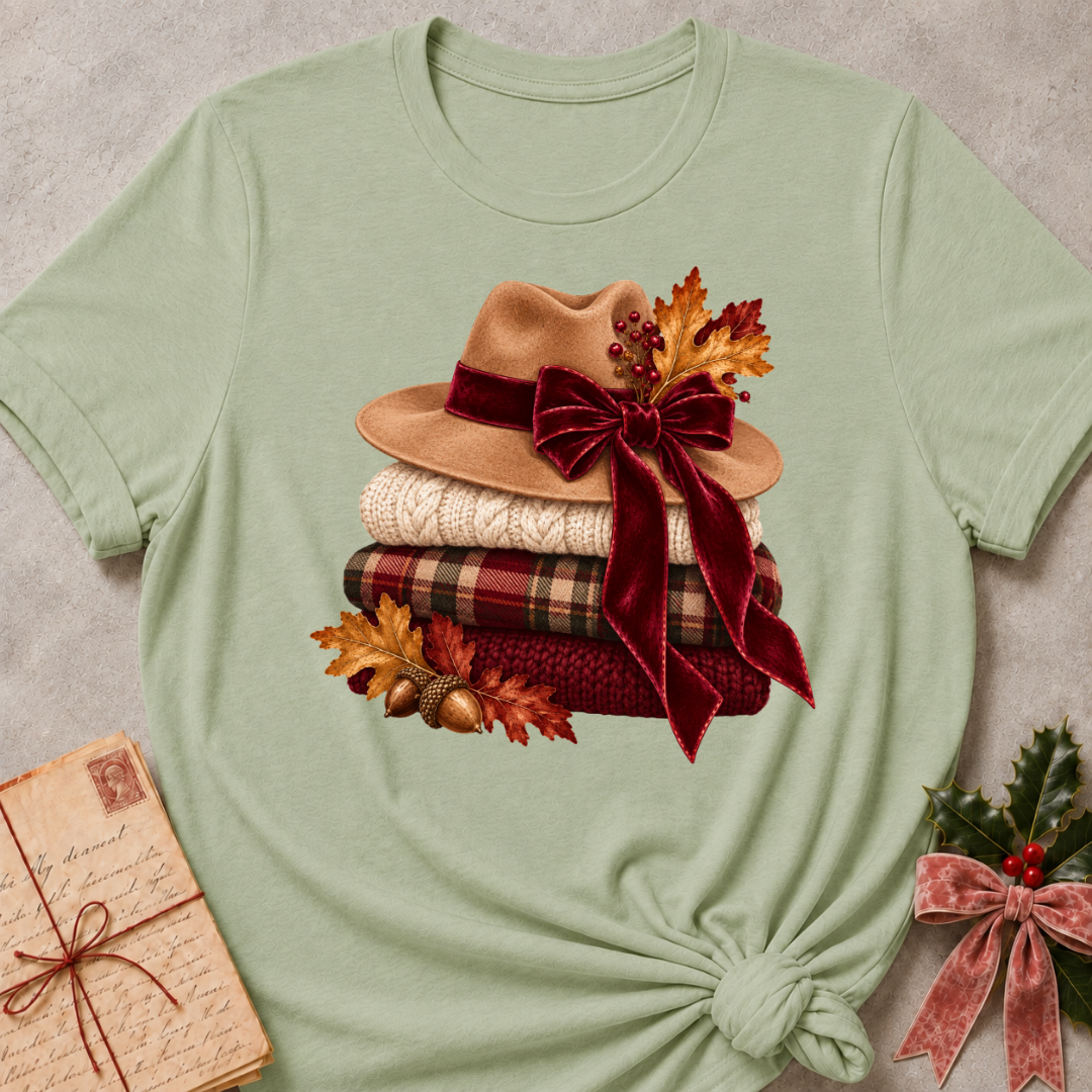Sage relaxed fit tee with stacked knit sweaters, cozy hats and a plaid bow