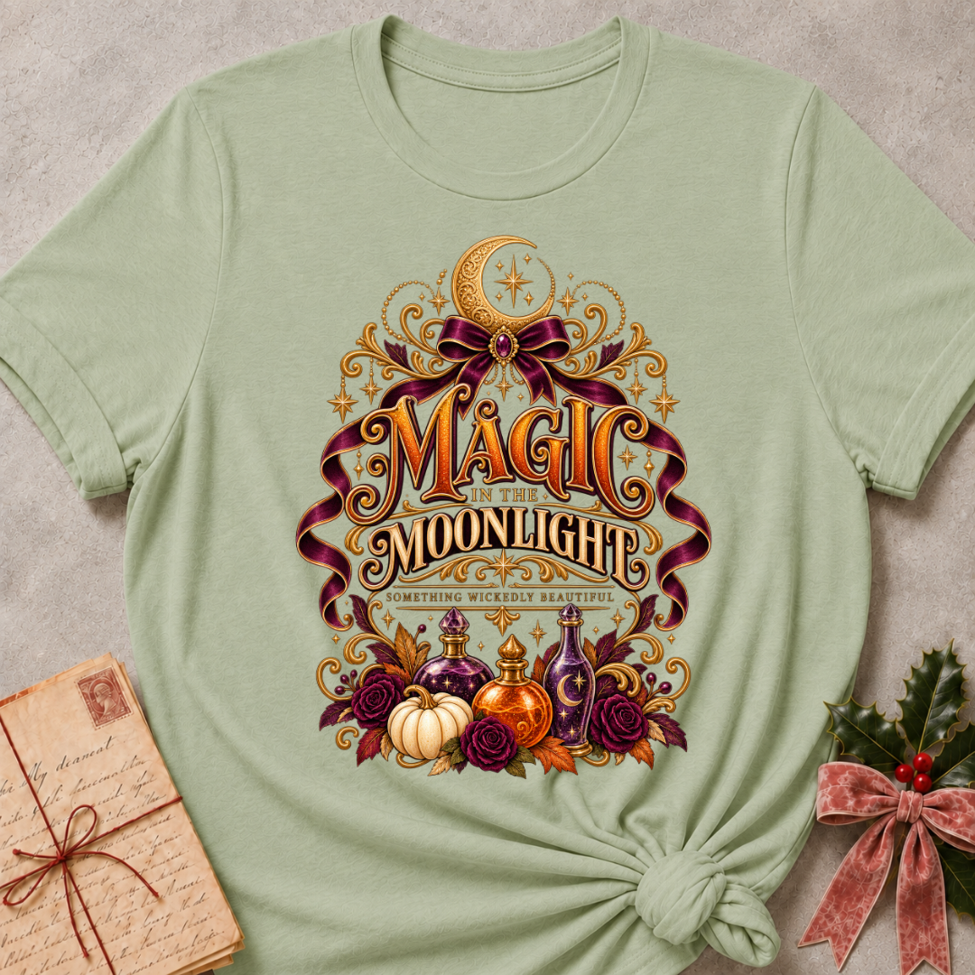 Sage Magic in the Moonlight tee with a crescent moon, velvet ribbon, potion bottles and deep plum roses