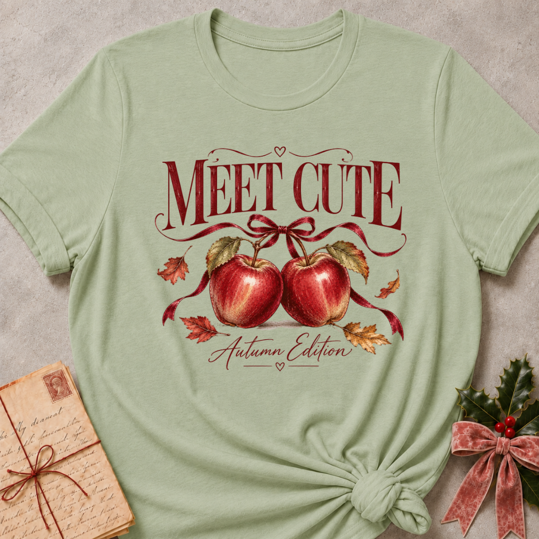 Sage relaxed fit tee with Meet Cute Autumn Edition lettering, two red apples and a burgundy bow