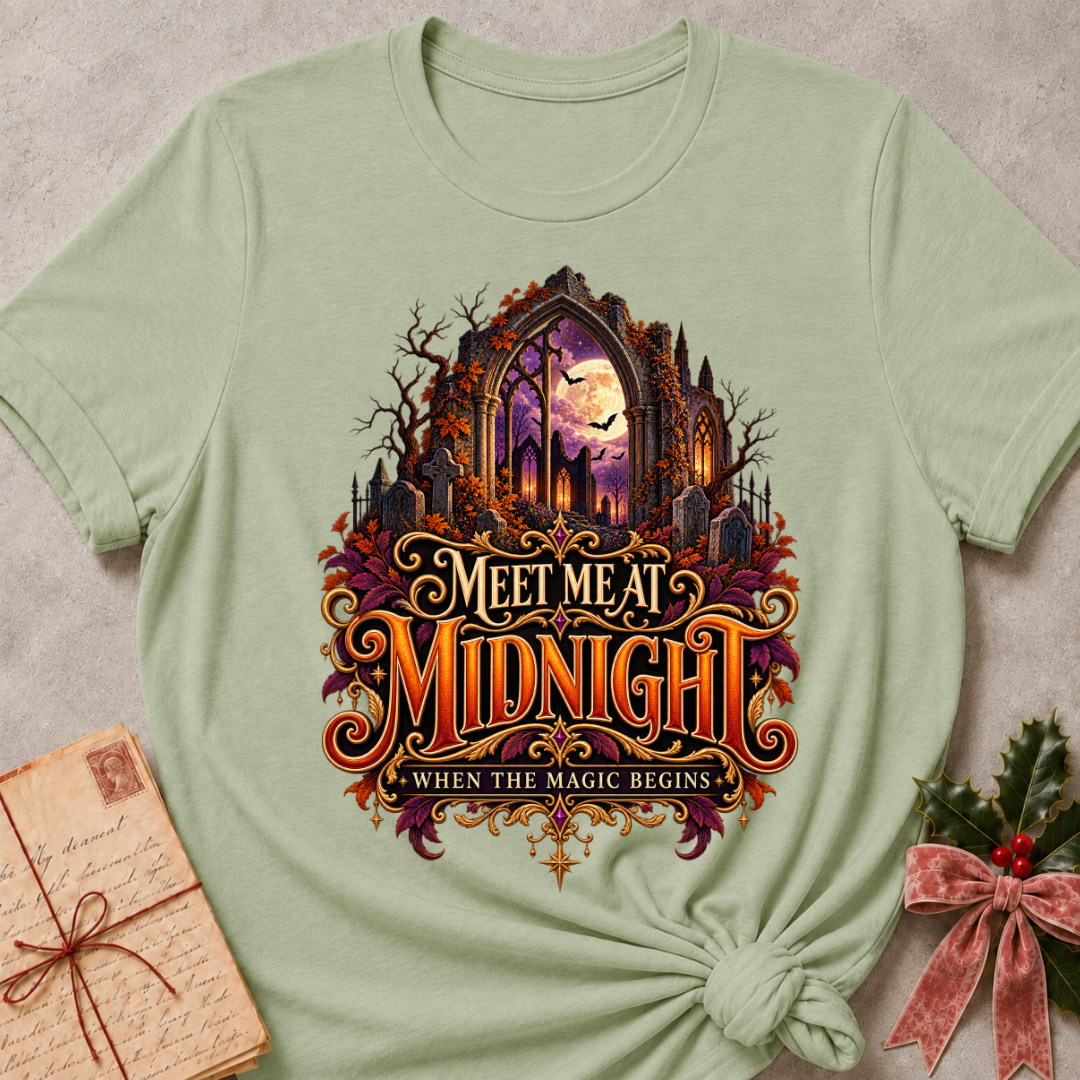 Sage Meet Me at Midnight tee with a moonlit Gothic arch, fluttering bats and jewel toned autumn leaves