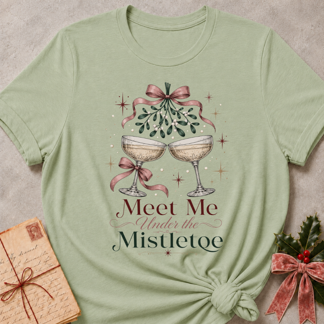 Sage relaxed fit tee with Meet Me Under the Mistletoe lettering, two champagne coupes, blush bows and a sprig of mistletoe