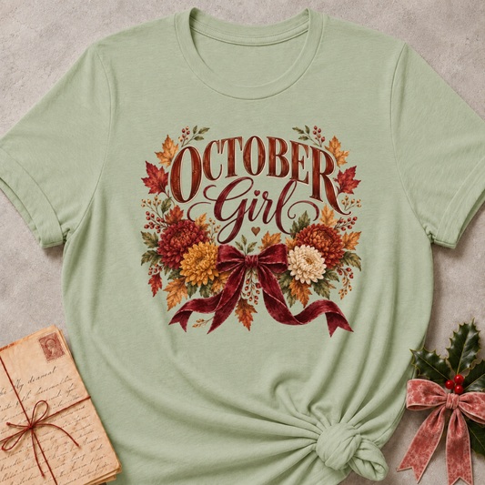 Sage women's relaxed tee with an October Girl script design with rust and gold mums, autumn leaves, and a burgundy velvet bow