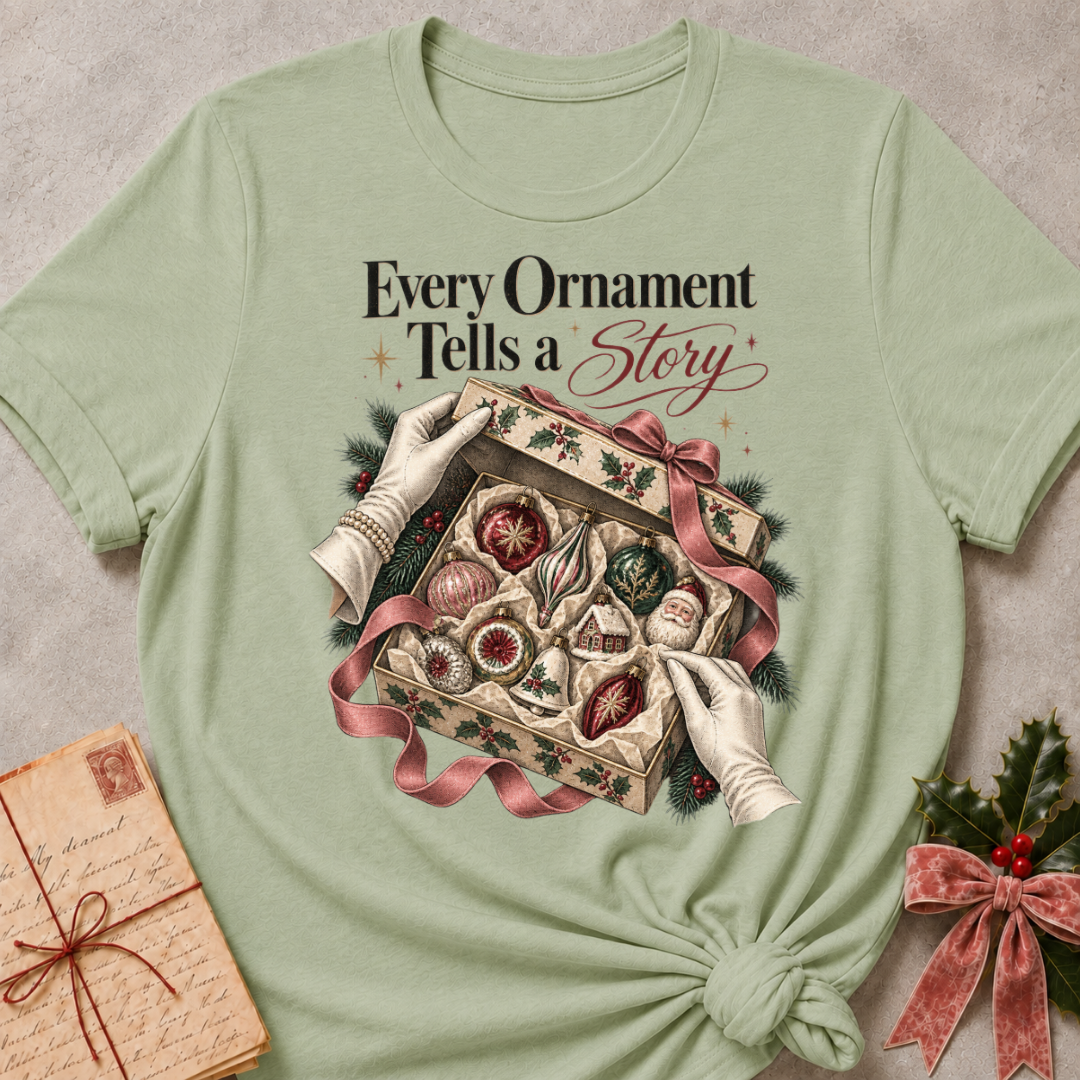 Sage relaxed fit tee with Every Ornament Tells a Story lettering, gloved hands lifting the lid on a keepsake box of vintage ornaments