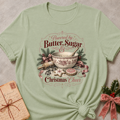 Sage green relaxed fit tee with a vintage mixing bowl and Christmas greenery