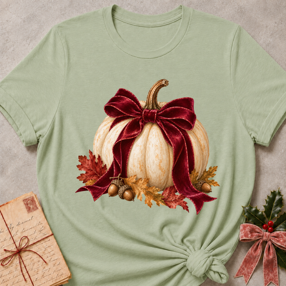 Sage women's relaxed tee with a cream pumpkin wrapped in an oversized burgundy velvet bow, acorns, and autumn leaves