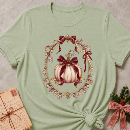 Sage women's relaxed tee with a cream heirloom pumpkin tied in burgundy bows inside an ornate gold mirror frame with pearls and oak leaves