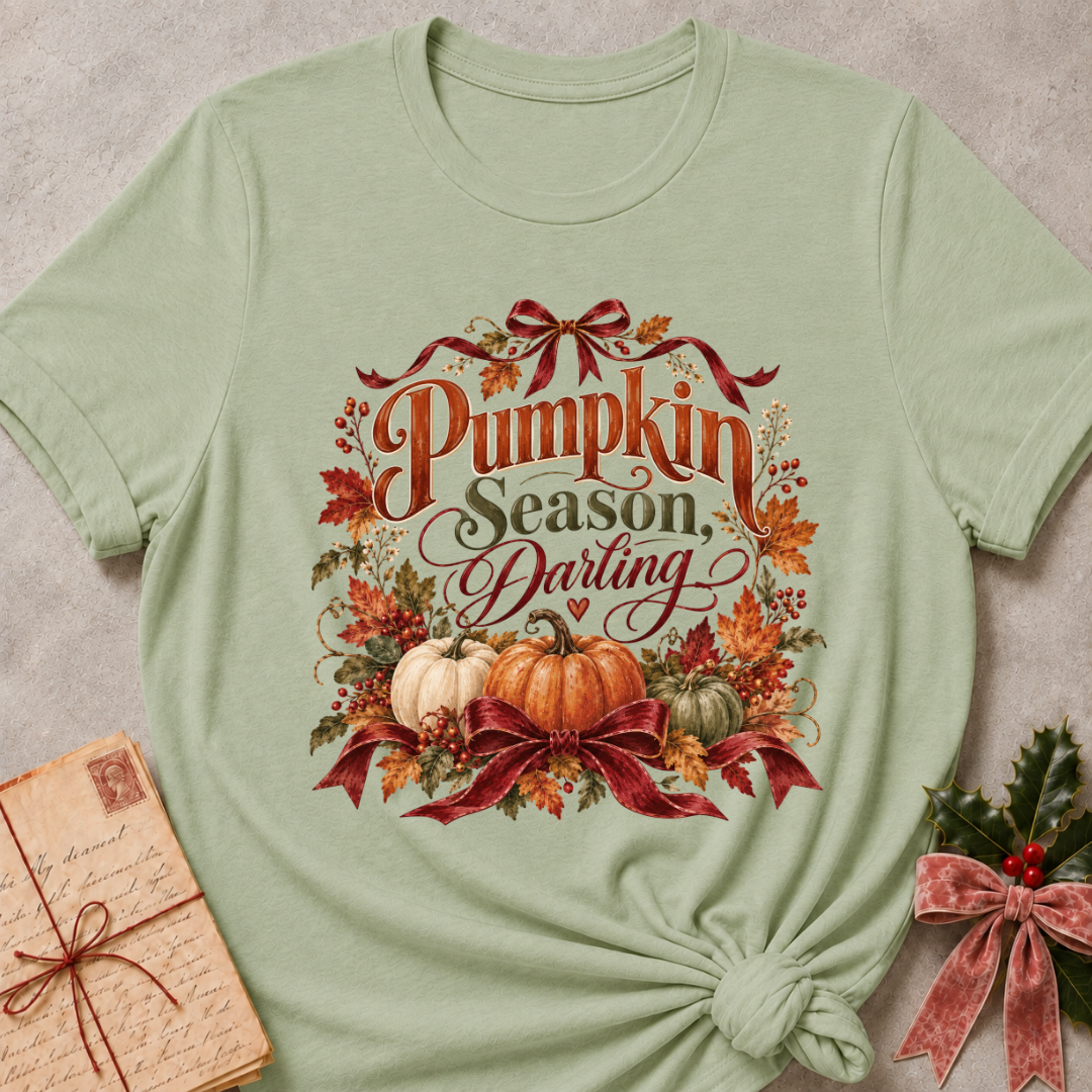 Sage women's relaxed tee with a Pumpkin Season, Darling script design with heirloom pumpkins, autumn leaves, and burgundy ribbon bows