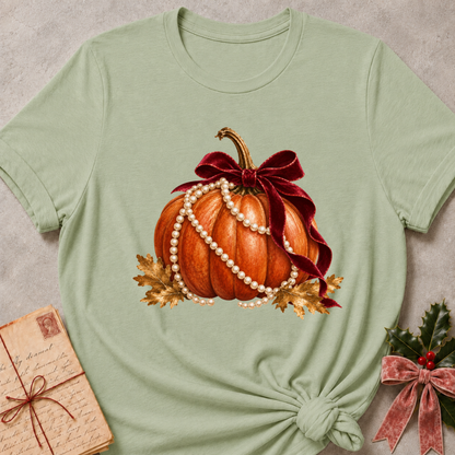 Sage women's relaxed tee with an orange pumpkin draped in pearls with a burgundy velvet bow and golden autumn leaves