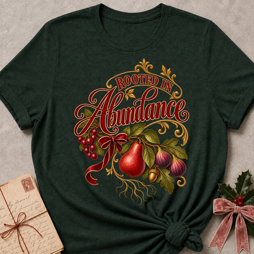 Sage relaxed fit tee with Rooted in Abundance script, pears, figs, grapes and an acorn on golden roots with a deep red bow