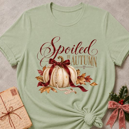 Sage women's relaxed tee with Spoiled by Autumn script over a cream pumpkin tied in a burgundy velvet bow, pearls, and fall leaves