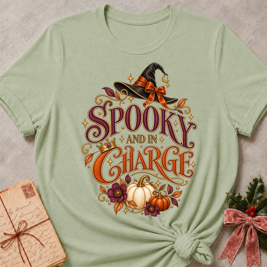 Sage Spooky and In Charge tee with a bow tied witch's hat, gold crown, white pumpkins and plum blooms