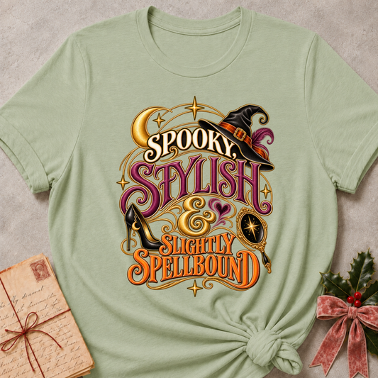 Sage Spooky, Stylish and Slightly Spellbound tee with a witch's hat, stiletto heel and gilded hand mirror