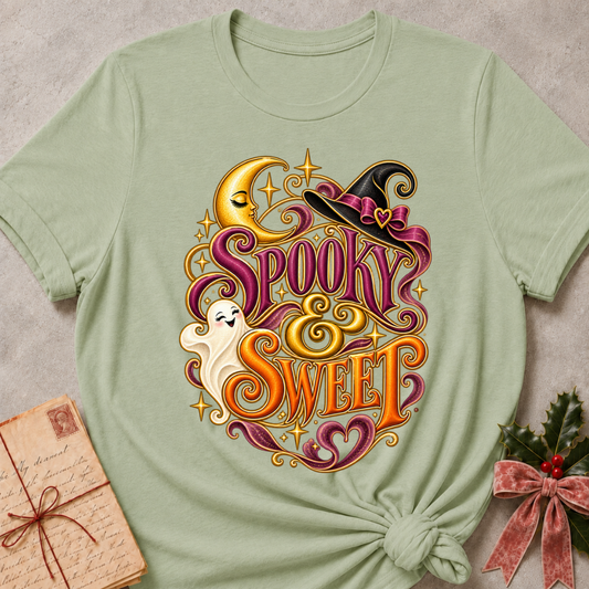 Sage Spooky and Sweet tee with a smiling ghost, a sleepy golden moon and a witch's hat with a heart bow