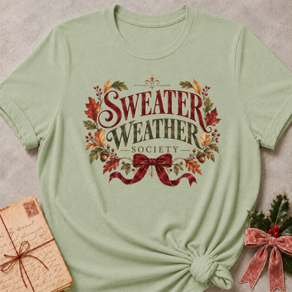 Sage relaxed fit tee with vintage Sweater Weather Society lettering, autumn leaves, acorns and a velvet bow