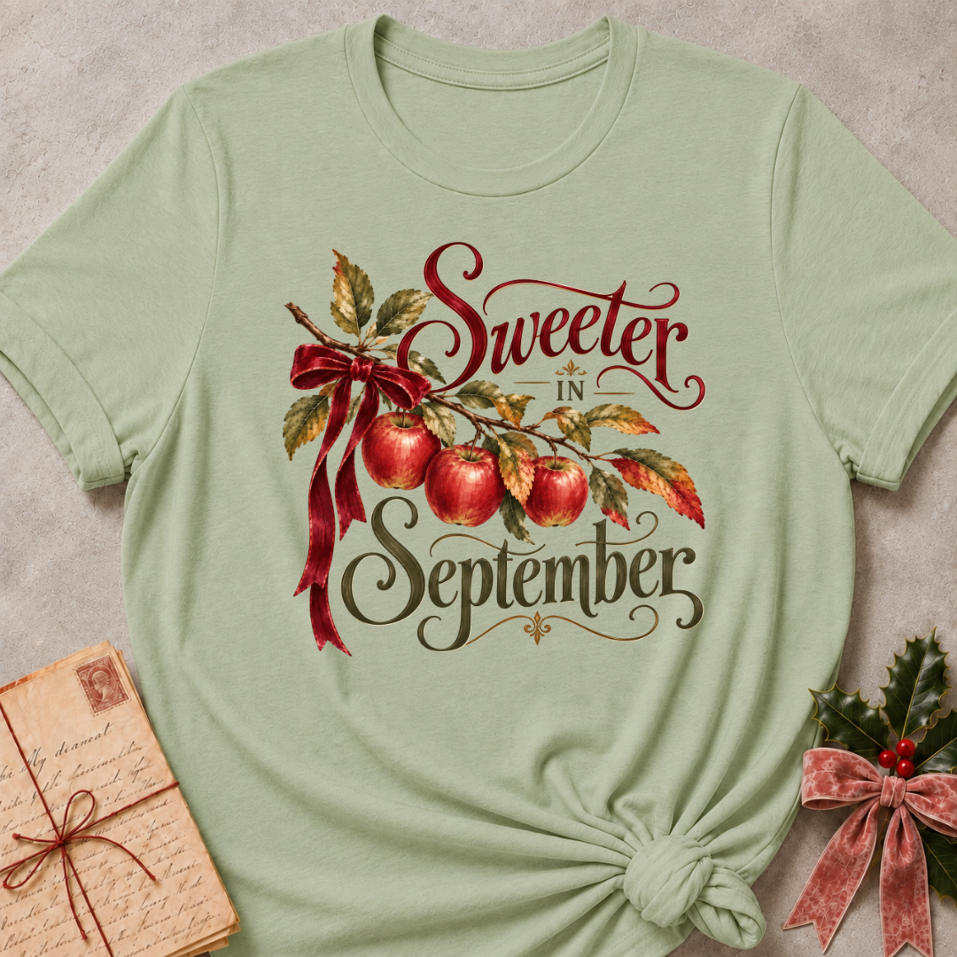 Sage relaxed fit tee with Sweeter in September script lettering, an apple branch with red apples, autumn leaves and a burgundy bow