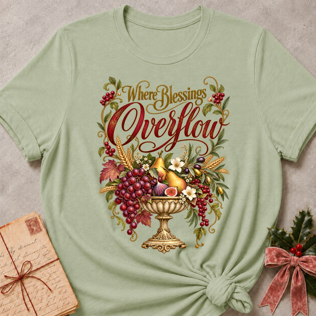 Sage relaxed fit tee with Where Blessings Overflow script and a golden urn of grapes, pears, figs and wheat