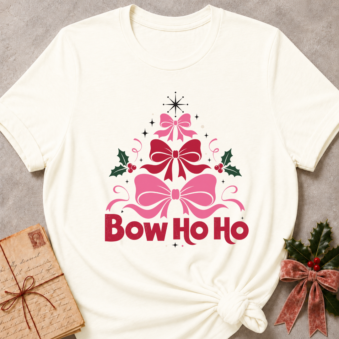 An off-white short-sleeve t-shirt with a Christmas graphic featuring three pink and red bows, holly leaves, and the text 'Bow Ho Ho' in red. The shirt is styled flat on a gray textured background with a vintage book and a holly sprig on either side.