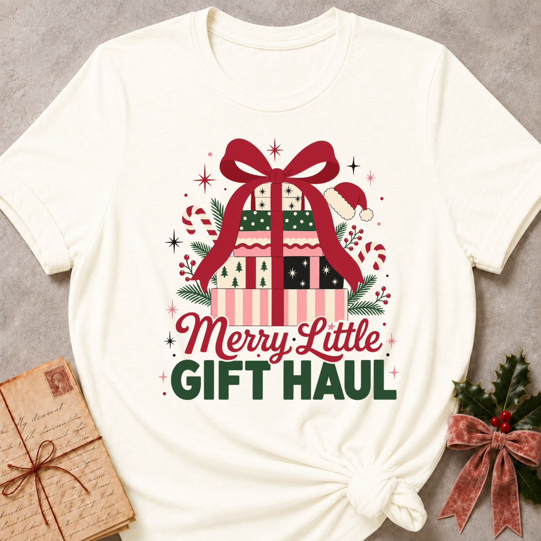 An off-white graphic t-shirt featuring a festive Christmas gift illustration with a large red bow, wrapped presents, candy canes, and the text 'Merry Little GIFT HAUL' in red and green. The t-shirt is styled flat on a textured gray background with a vintage wrapped gift box on the left and holly with a rose gold ribbon on the right.
