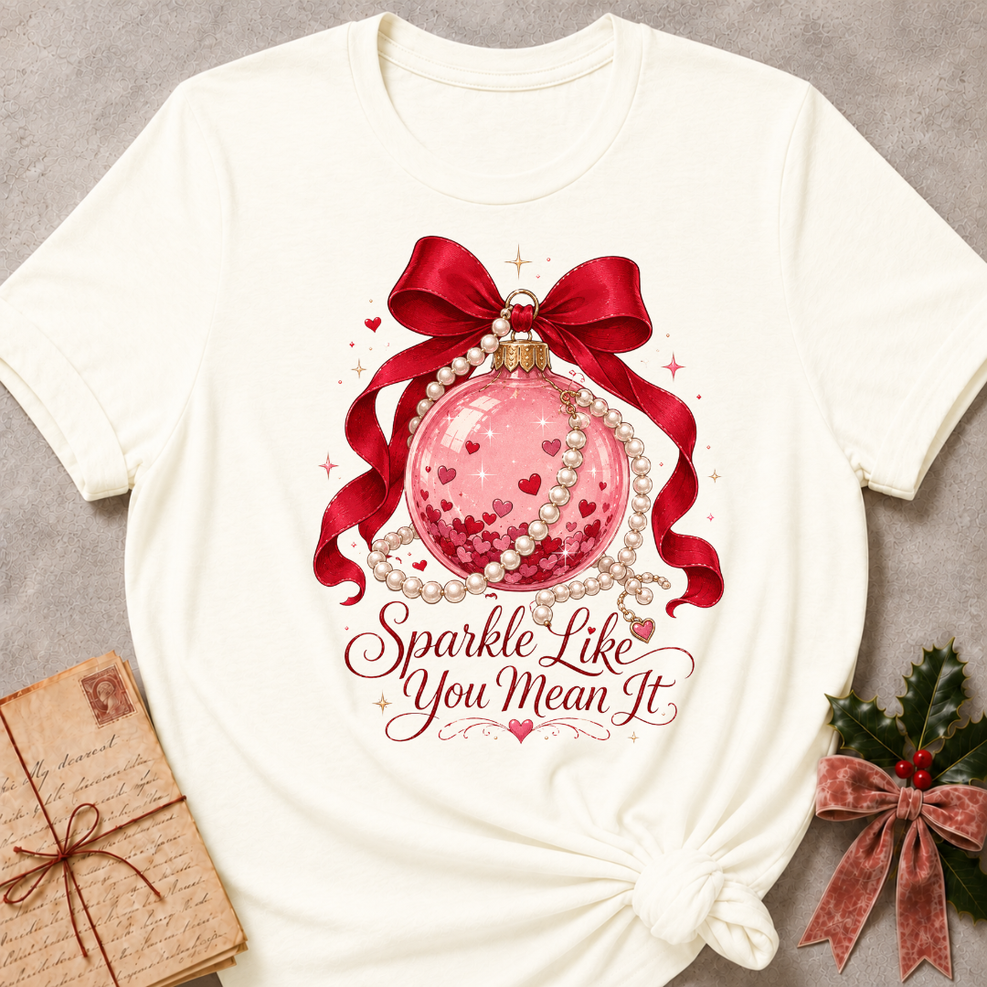 An off-white short-sleeve t-shirt with a Christmas-themed graphic print featuring a pink glitter ornament, red ribbon, pearls, and the text 'Sparkle Like You Mean It'. The t-shirt is styled flat on a gray textured background with a vintage book and holly in the corners.