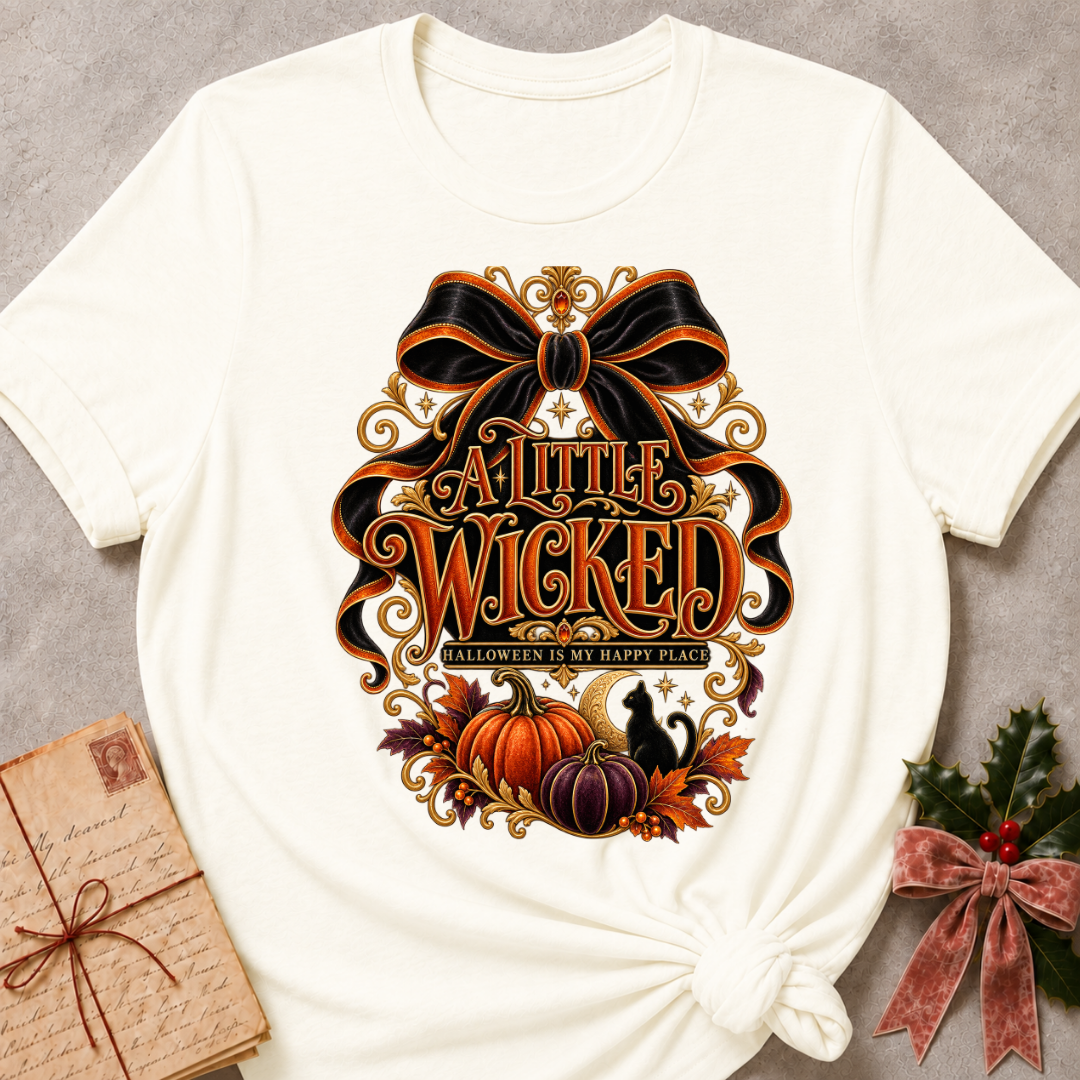 Vintage White A Little Wicked tee with an oversized black bow, harvest pumpkins and a black cat under a crescent moon