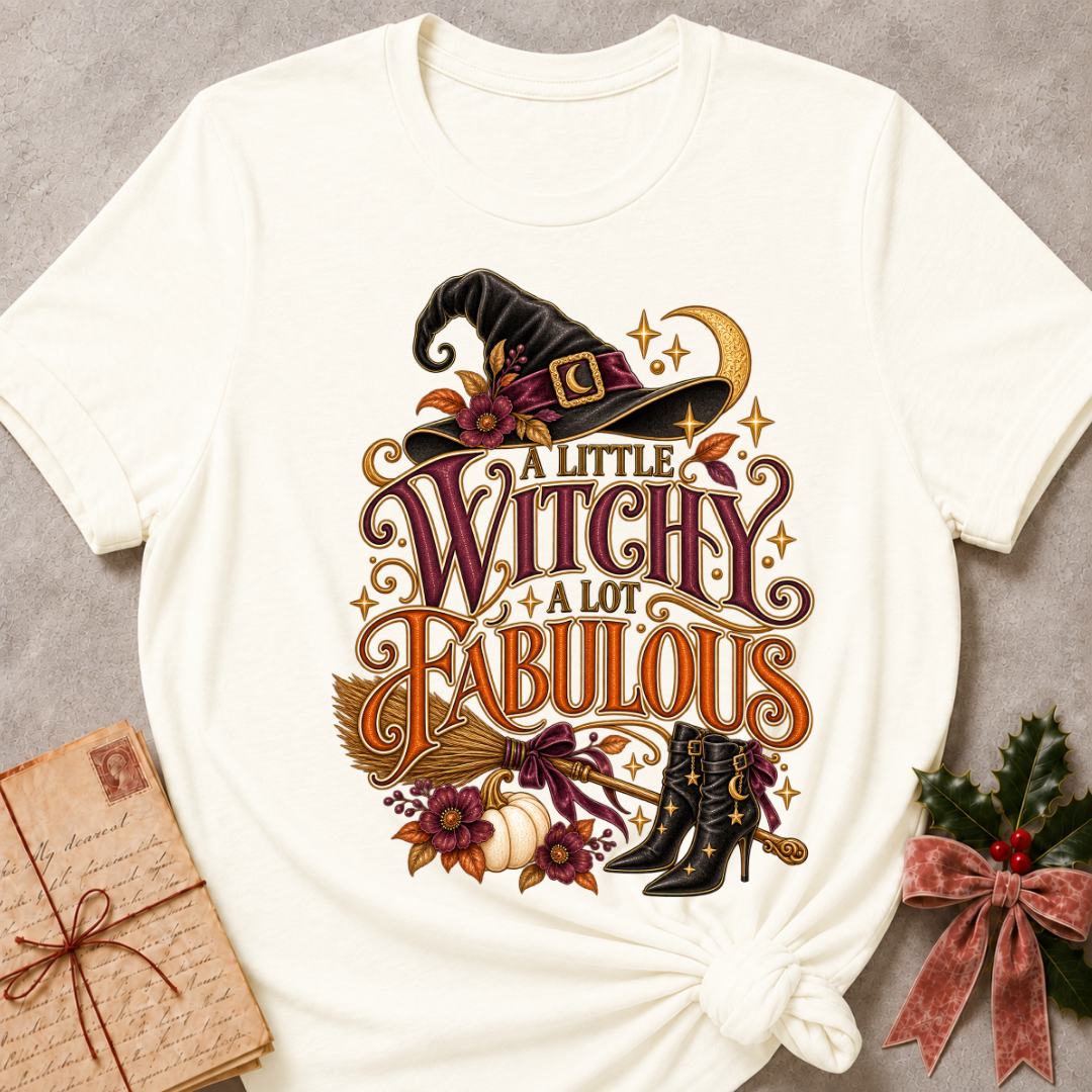 Vintage White A Little Witchy, A Lot Fabulous tee with a flower trimmed witch's hat, ribbon tied broom and starry boots