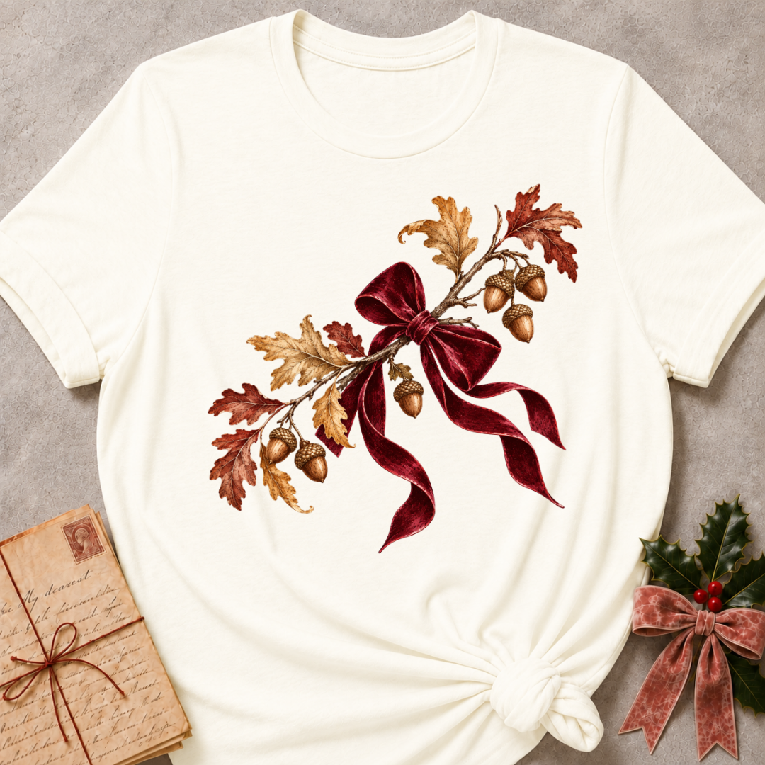 Vintage White relaxed fit tee with a cluster of acorns, oak leaves and a soft plaid bow
