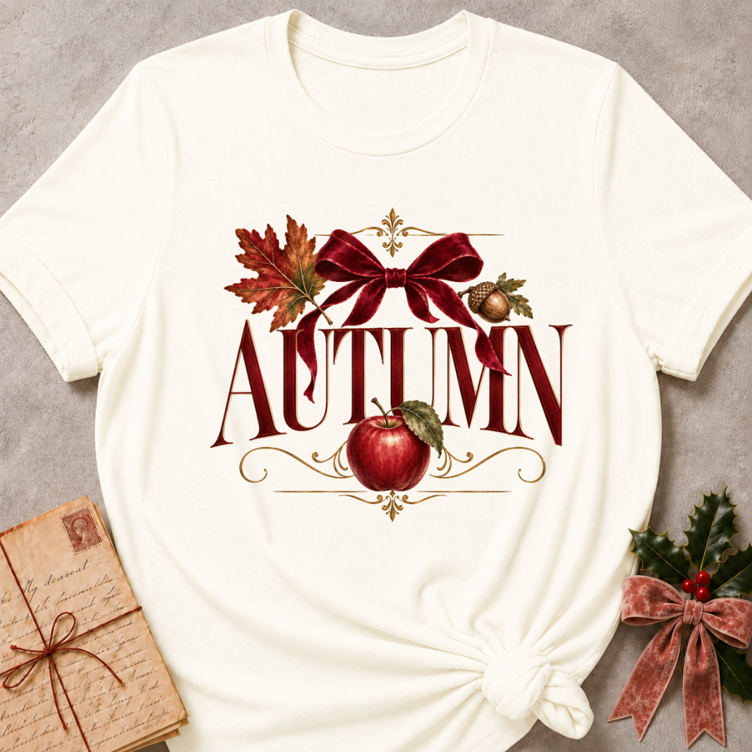 Vintage white women's relaxed tee with a vintage AUTUMN serif design with a burgundy velvet bow, maple leaf, acorn, and red apple