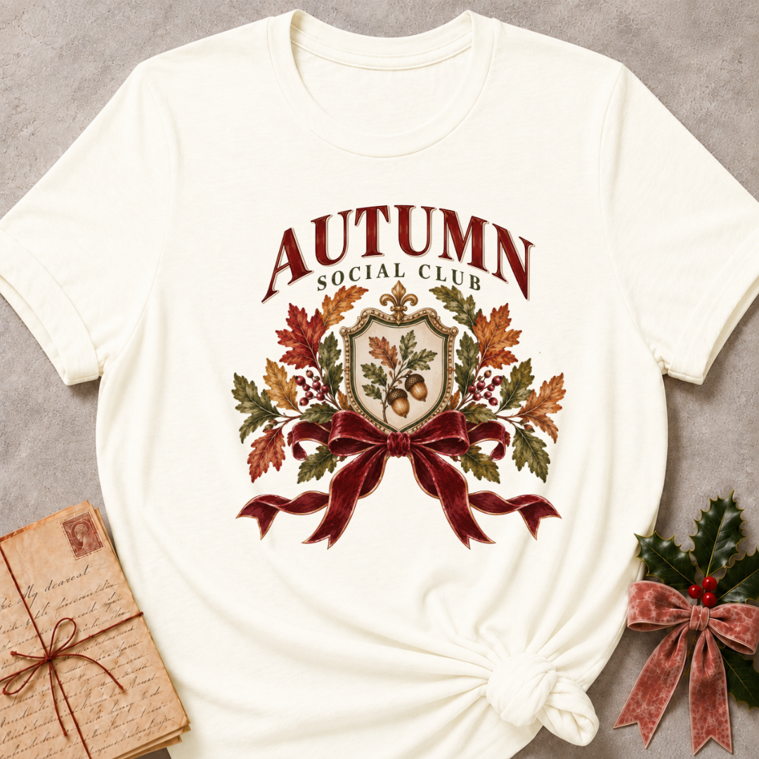 Vintage White relaxed fit tee with an Autumn Social Club crest, oak leaves, acorns and a burgundy bow