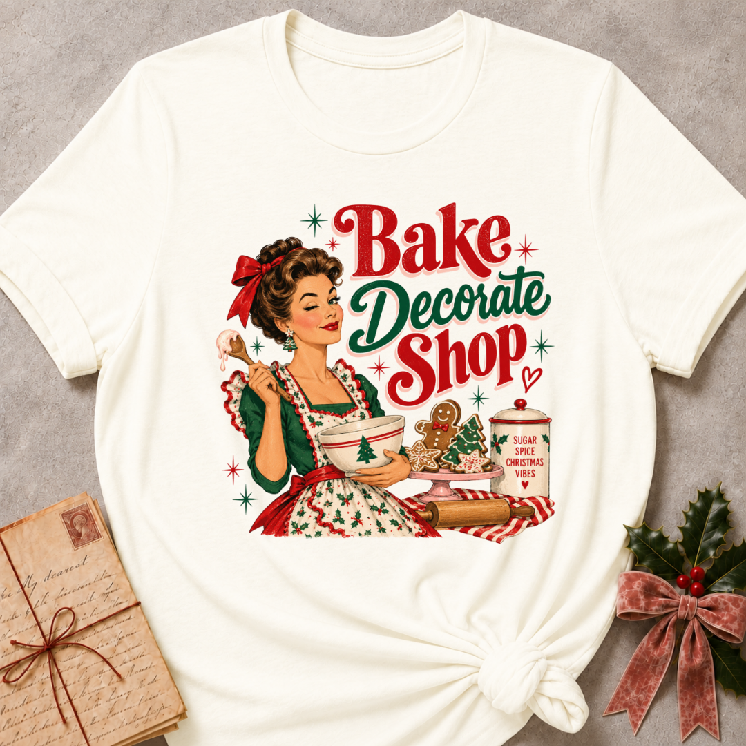 Vintage white relaxed fit tee with a winking retro baker and Bake Decorate Shop lettering