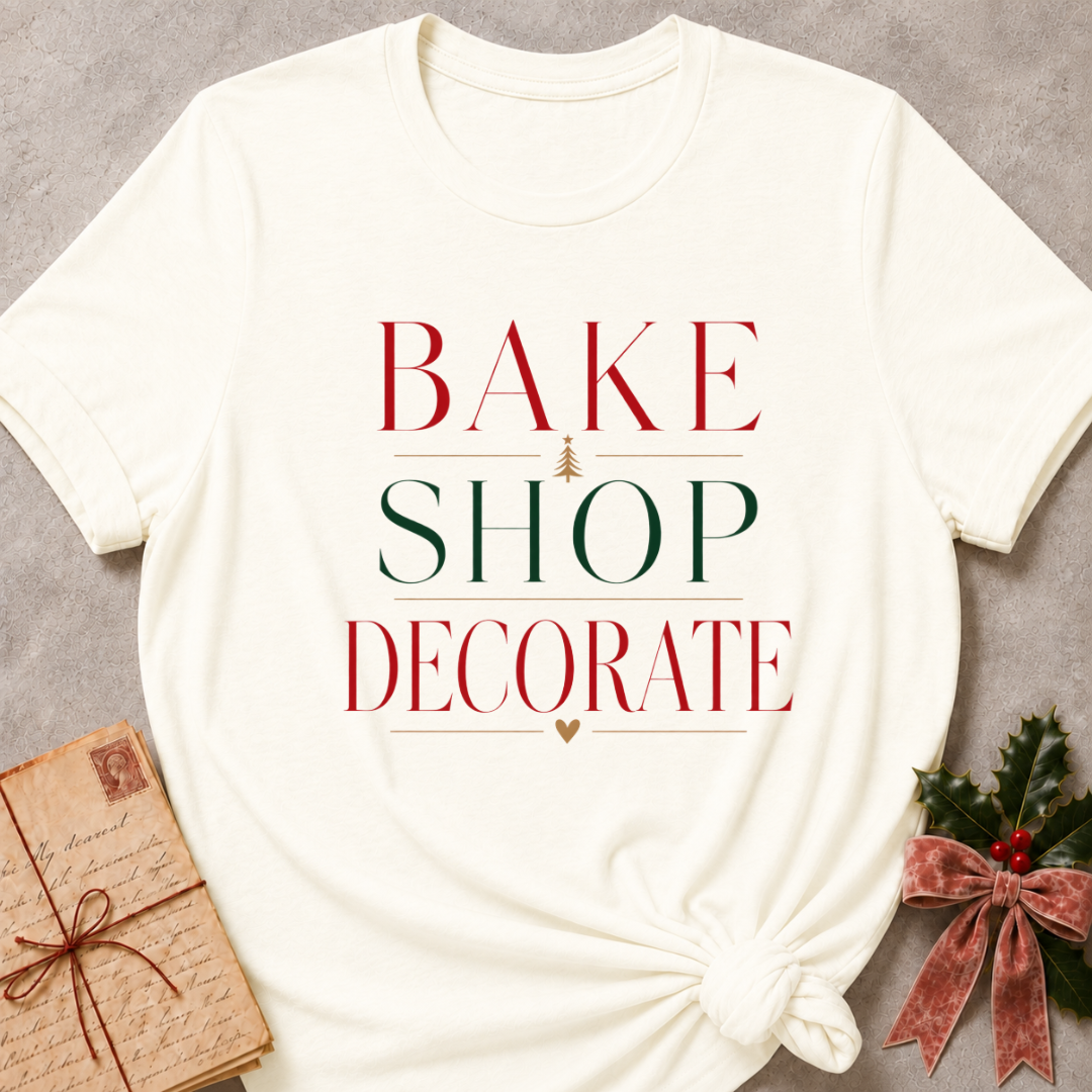 Vintage White women's relaxed fit tee with Bake Shop Decorate design in red and green lettering