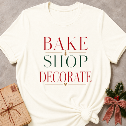 Vintage White women's relaxed fit tee with Bake Shop Decorate design in red and green lettering