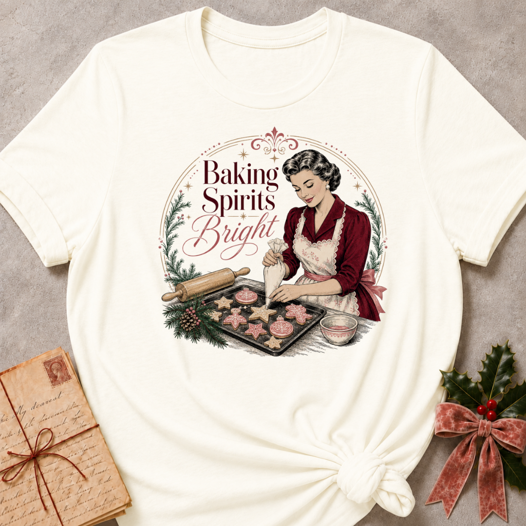 Vintage white relaxed fit tee with a vintage baker piping Christmas cookies