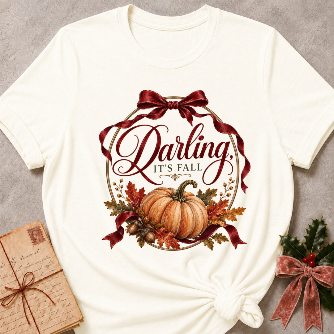 Vintage white women's relaxed tee with a vintage Darling It's Fall script design framed by a gold wreath, a burgundy ribbon bow, and a harvest pumpkin