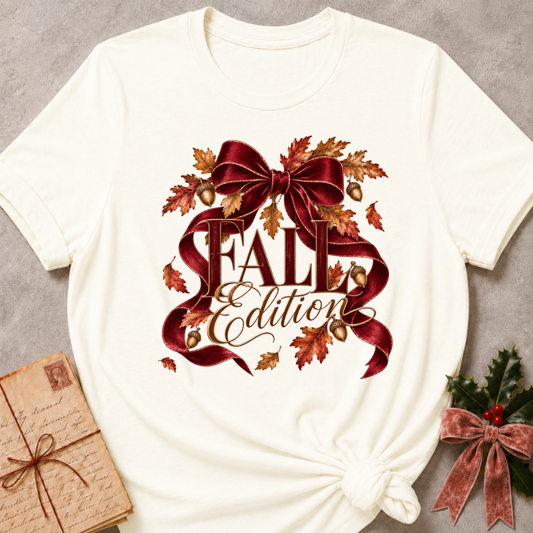 Vintage white women's relaxed tee with a Fall Edition script design wrapped in a burgundy satin bow with autumn leaves and acorns