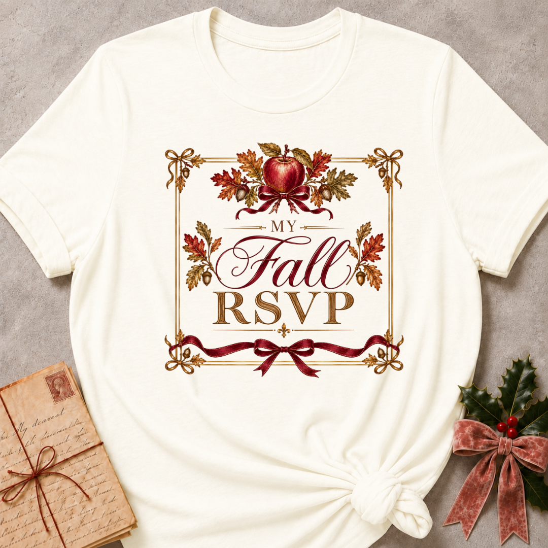 Vintage White relaxed fit tee with a vintage My Fall RSVP crest, red apple, oak leaves and a burgundy bow