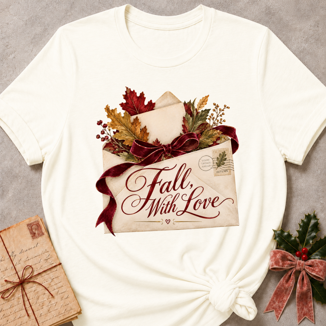 Vintage white women's relaxed tee with a Fall, With Love script design on a vintage envelope with autumn leaves and a burgundy ribbon bow