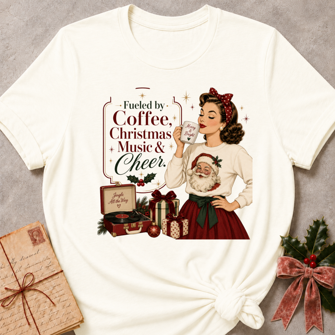 Vintage white relaxed fit tee with a retro Christmas pinup and Fueled By Coffee Christmas Music and Cheer lettering