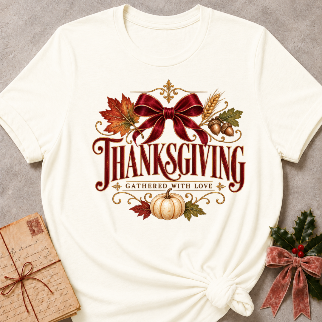 Vintage White Thanksgiving Gathered With Love tee with a vintage red bow, autumn leaves and a white pumpkin